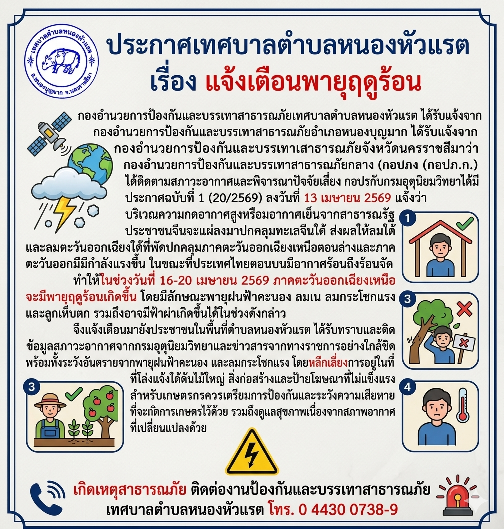 ประกาศแจ้งเตือนพายุฤดูร้อน ระหว่างวันที่ 16 - 20 เมษายน 2569 ภาคตะวันออกเฉียงเหนือ
